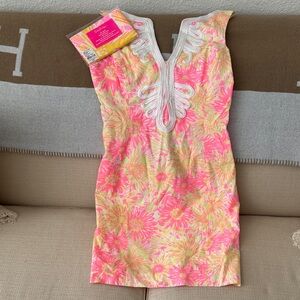 Lilly Pulitzer Pink & Yellow Floral Shift Dress with White Trim. Sold with scarf